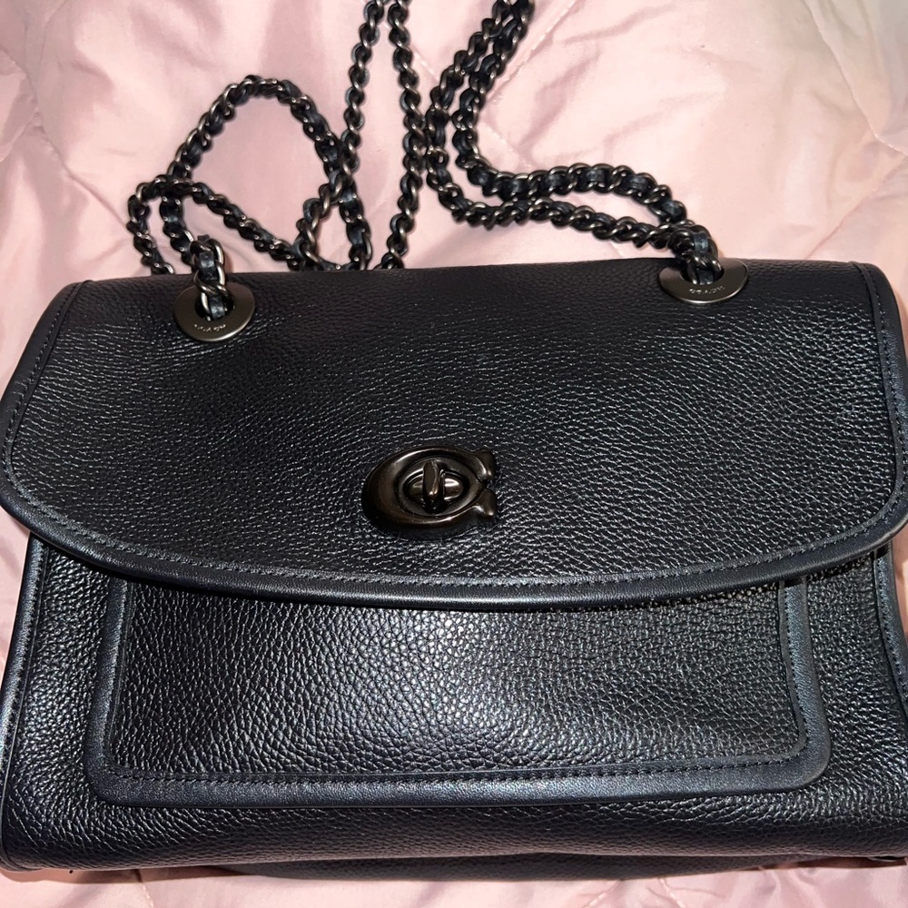 Black leather coach purse with gunmetal handles